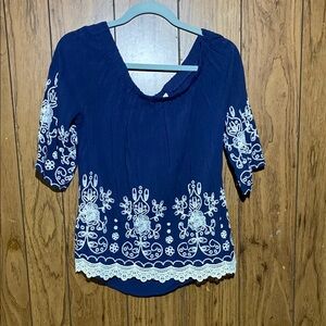 Living Doll Blue Embroidered Blouse with Short Sleeves